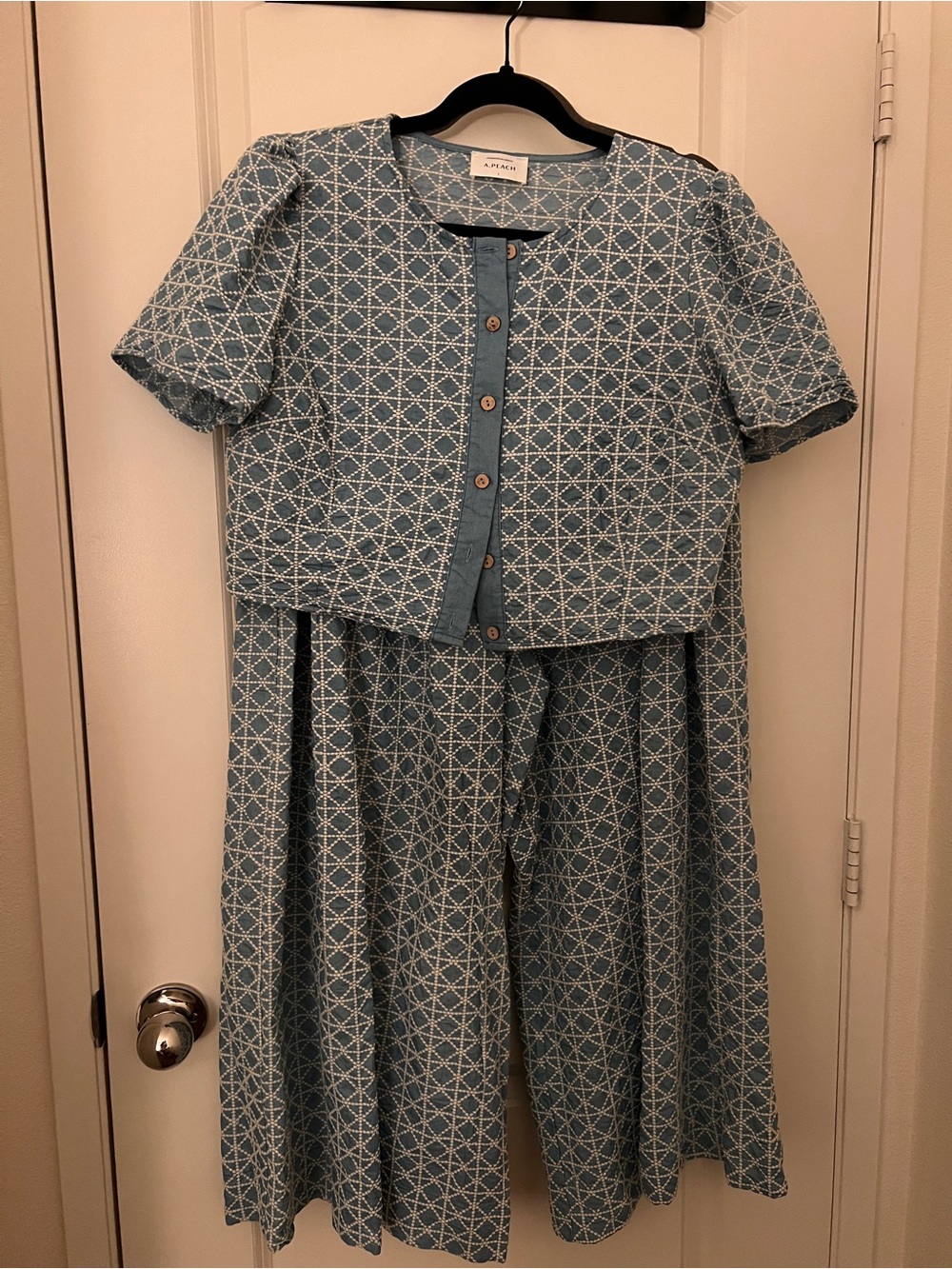 Unbranded Blue Geo Print Two-Piece Set - Button Front Top & Skirt